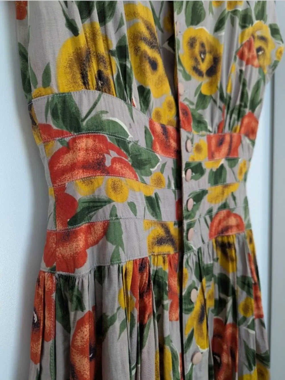 Floral Cotton Poplin Dress Full Button Back Pockets Lined Skirt - Picture 2 of 16